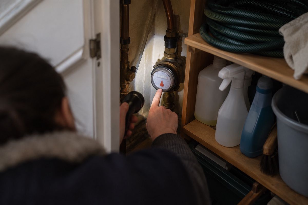 Hand checking a water meter in a cupboard under stairs