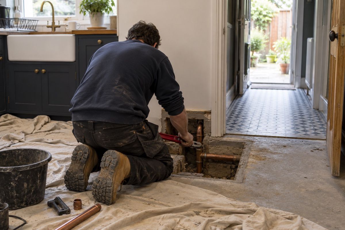 Opened concrete floor with a copper pipe being repaired