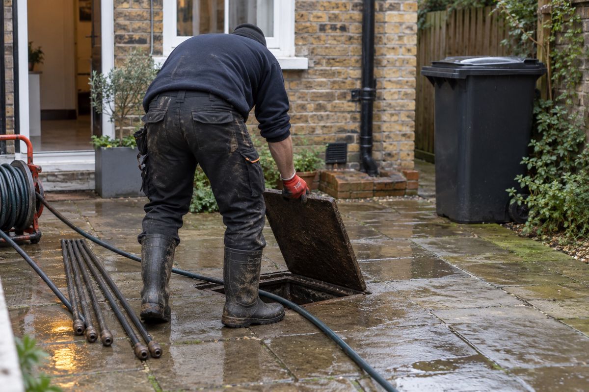 Technician clearing a drain in a London terrace back yard