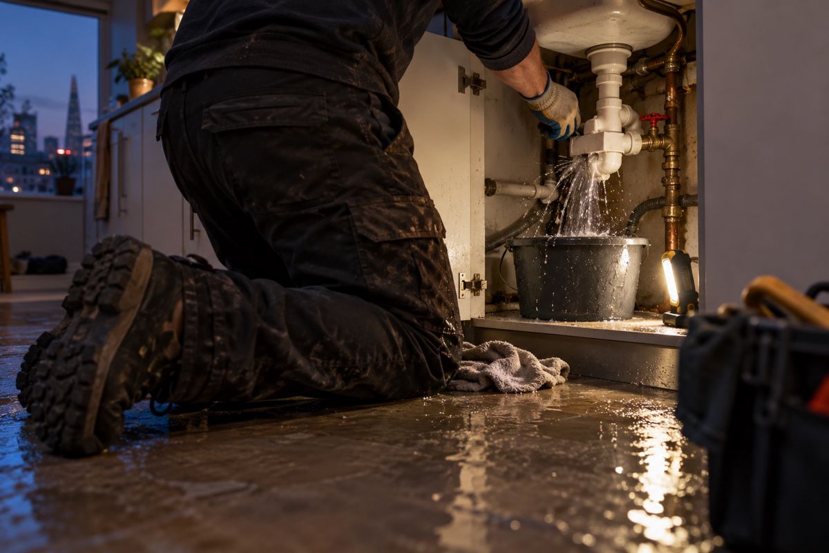 Hands turning off a stopcock under a flooded kitchen sink