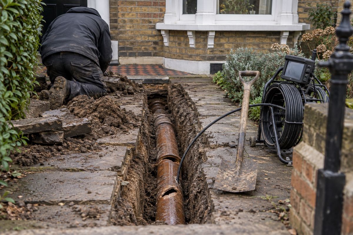 Cracked clay drain pipe exposed in a front garden trench