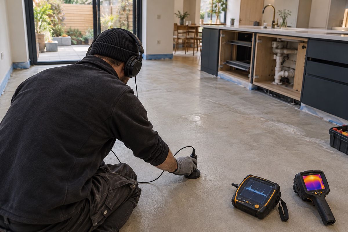 Plumber using leak detection equipment on a solid kitchen floor