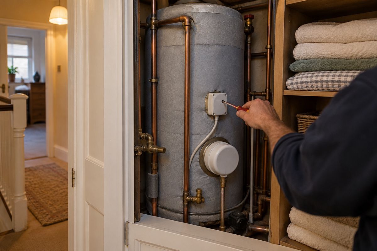 Hot water cylinder in an airing cupboard being repaired